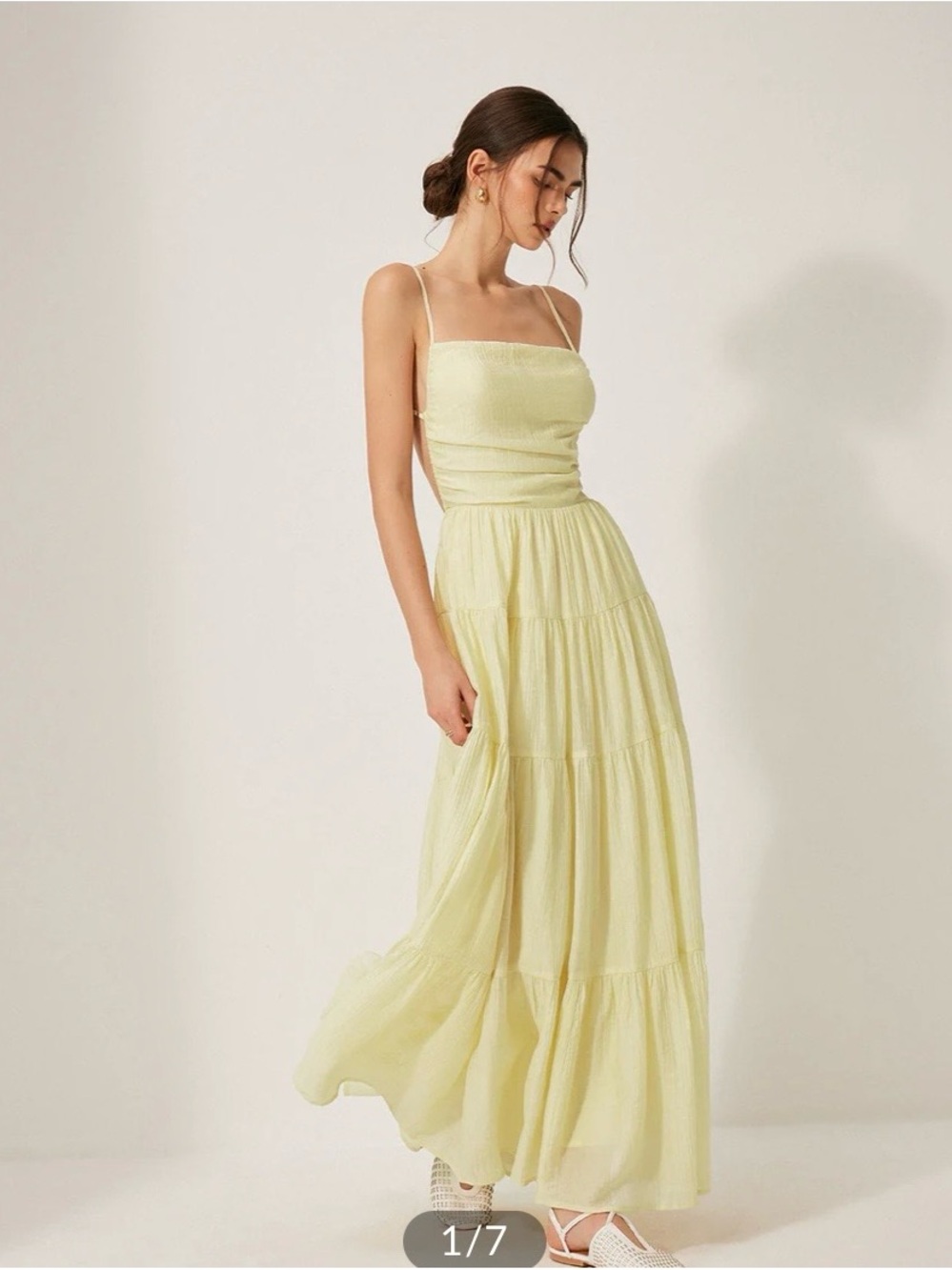Commense Pale Yellow Smocked Bodice Tiered Maxi Dress